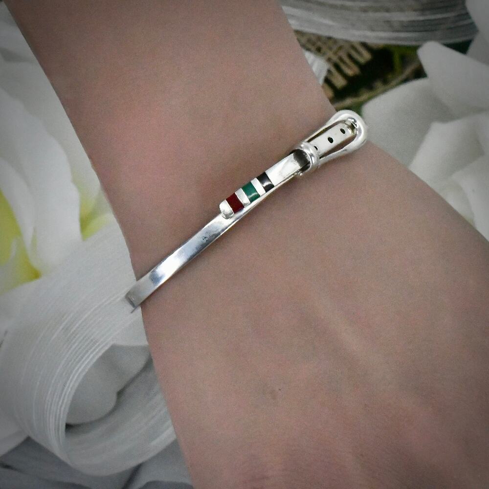 Vintage 925 Sterling Silver Belt Buckle Inlay Hinged Bangle Bracelet 7" 19g